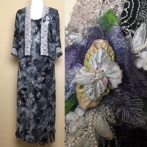 Lee Andersen Art to Wear Dress & Floral Jacket Set Outfit Size XS Stretch Party